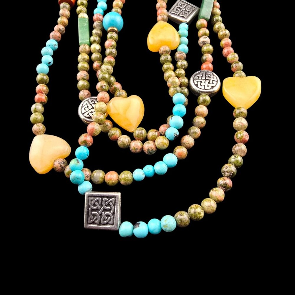 Multi-Strand Beaded Necklace With Heart Accents Easter Spring Boho - Picture 5 of 9